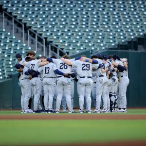The Choctaws huddle in front of the Astros’ home stands at the Houston Astros Winter Invitational.