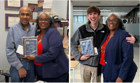 Stephanie Carmicle-Davis presents plaques to Ivan Parke, left, and Drew Ahlrich honoring their selection as 2024-25 Student Success Champions.