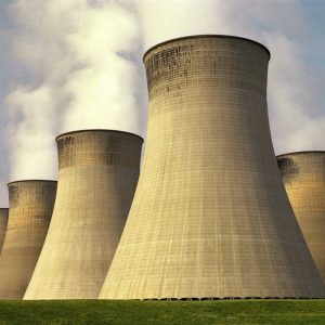 cooling towers with white smoke