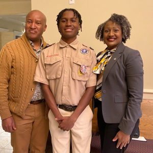 Gregory Terrell, shown with his parents Tiffany Hardy and Greg Terrell, received the Eagle Scout medal, the highest Scouting award, in a recent Court of Honor ceremony.
