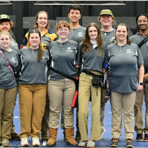 MC archers preparing to compete in the Outdoor Regionals include, front row from left, Isabella Hedgepeth, Gracen Lancaster, Christina Glover, Ann Mabry Dean and Amy Snyder, and back row from left, McClain Boyd, Abigail Veidmark, Jack Thomas Spears, Jude Counce and Isakiel Griffin.