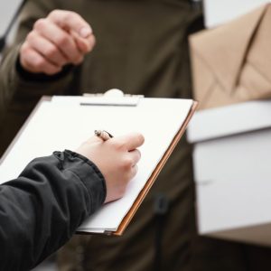 close up of signing papers for package delivery