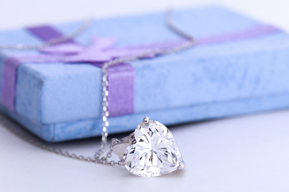 heart shaped diamond necklace with box in background