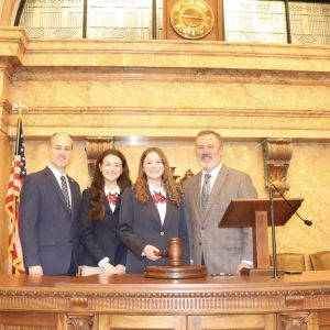 Pictured (l to r) are Representative Clay Mansell, Mati Claire Miley, Brooke Harrison and Speaker Jason White.