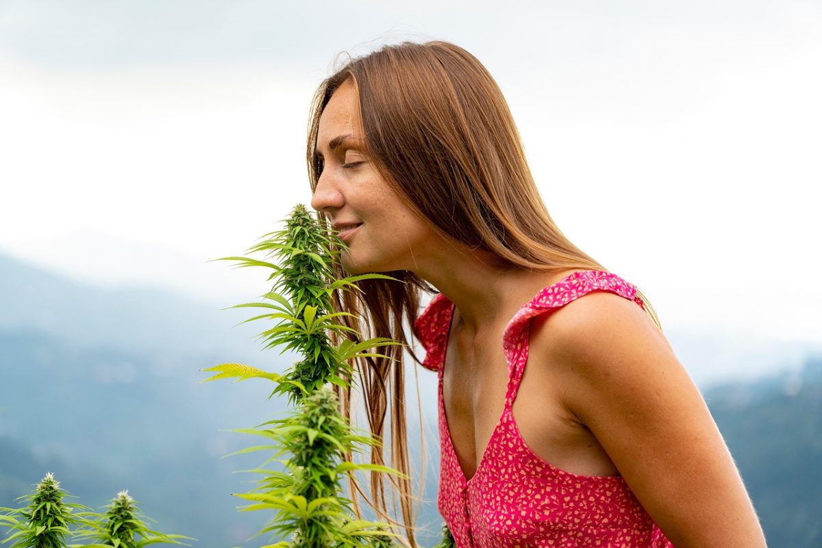 woman smelling marijuana plant