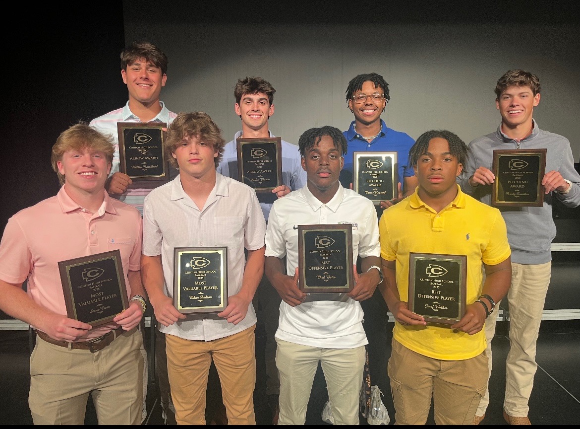Pictured (l to r) are varsity award winners, front row: Stone Crain, Most Valuable Player; Ethan Dodson, Most Valuable Player; Chad Bates, Best Offensive; and Josef Walker, Best Defensive; and back row: Phillip Burchfield, Arrow Award; Parker Thames, Arrow Award; Tyrese Haggard, Pitching Award; and Brody Zumbro, Pitching Award.