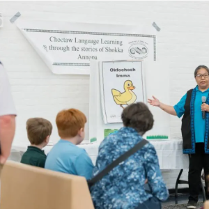 Children attending the Choctaw Expressions event at Mississippi College last spring received a lesson on Choctaw vocabulary. MC is studying the K-12 teaching methods of the Choctaw language and Choctaw culture in the MBCI's Choctaw Language Program to help preserve the Choctaw language.