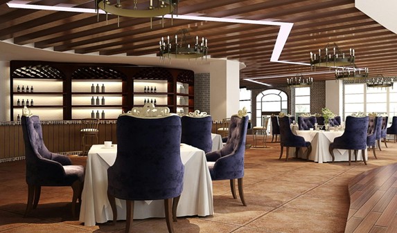 An elegant restaurant with tables and chairs