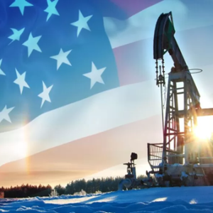 oil rig in the snow with american flag background