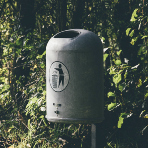 grey trash can in the woods