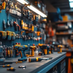 cordless power tools hanging in a storage room