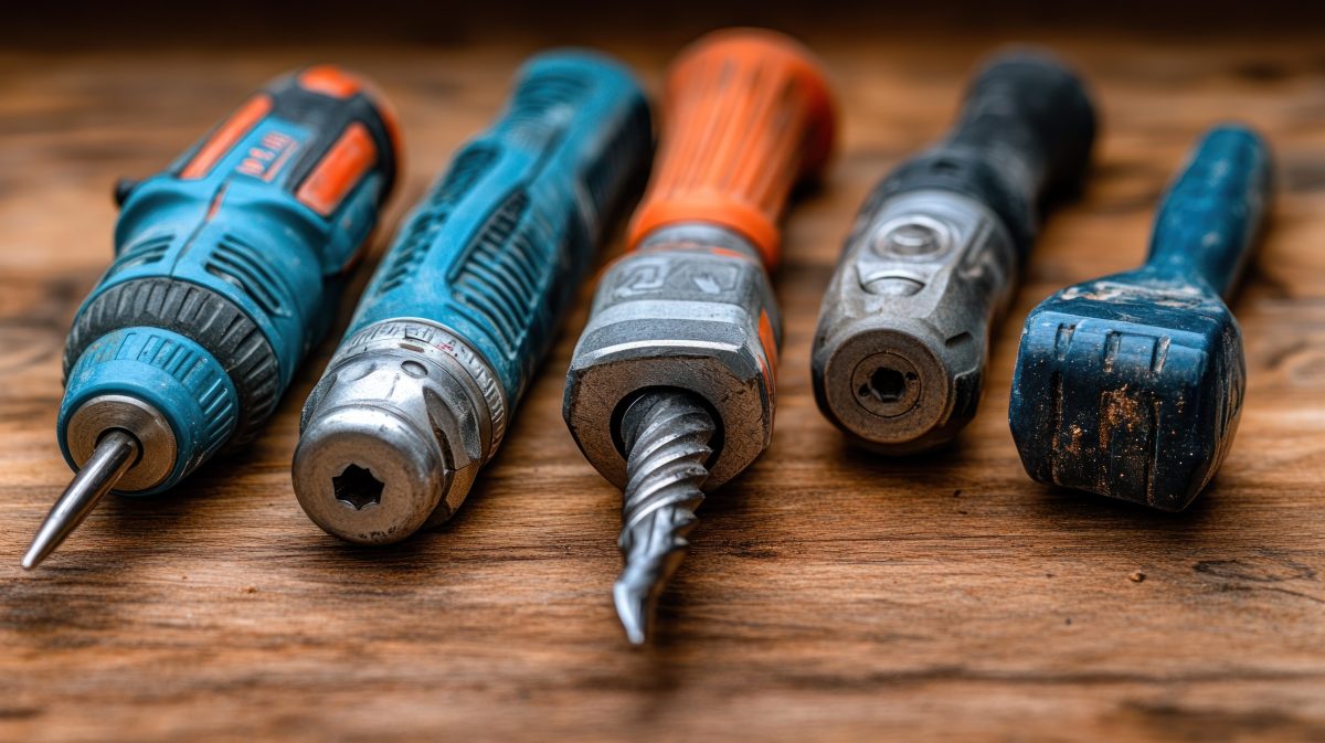 cordless power tools sitting on a wooden table