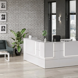 white reception desk in a room