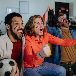 soccer fans yell in excitement at tv