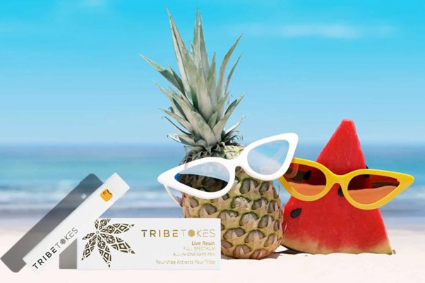 tribetokes weed vape on a beach with pineapple and watermelon wearing sunglasses