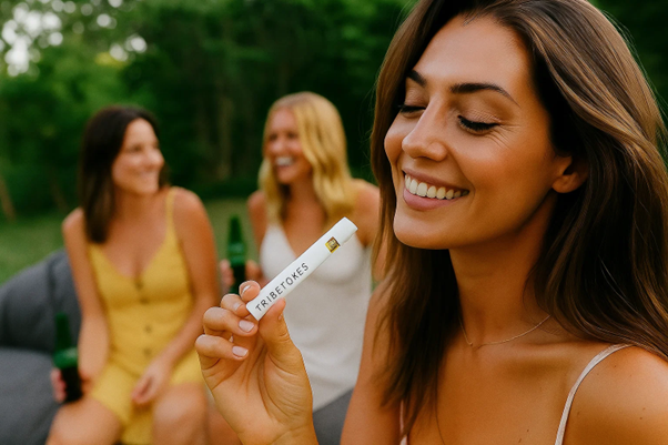 woman holding a weed vape