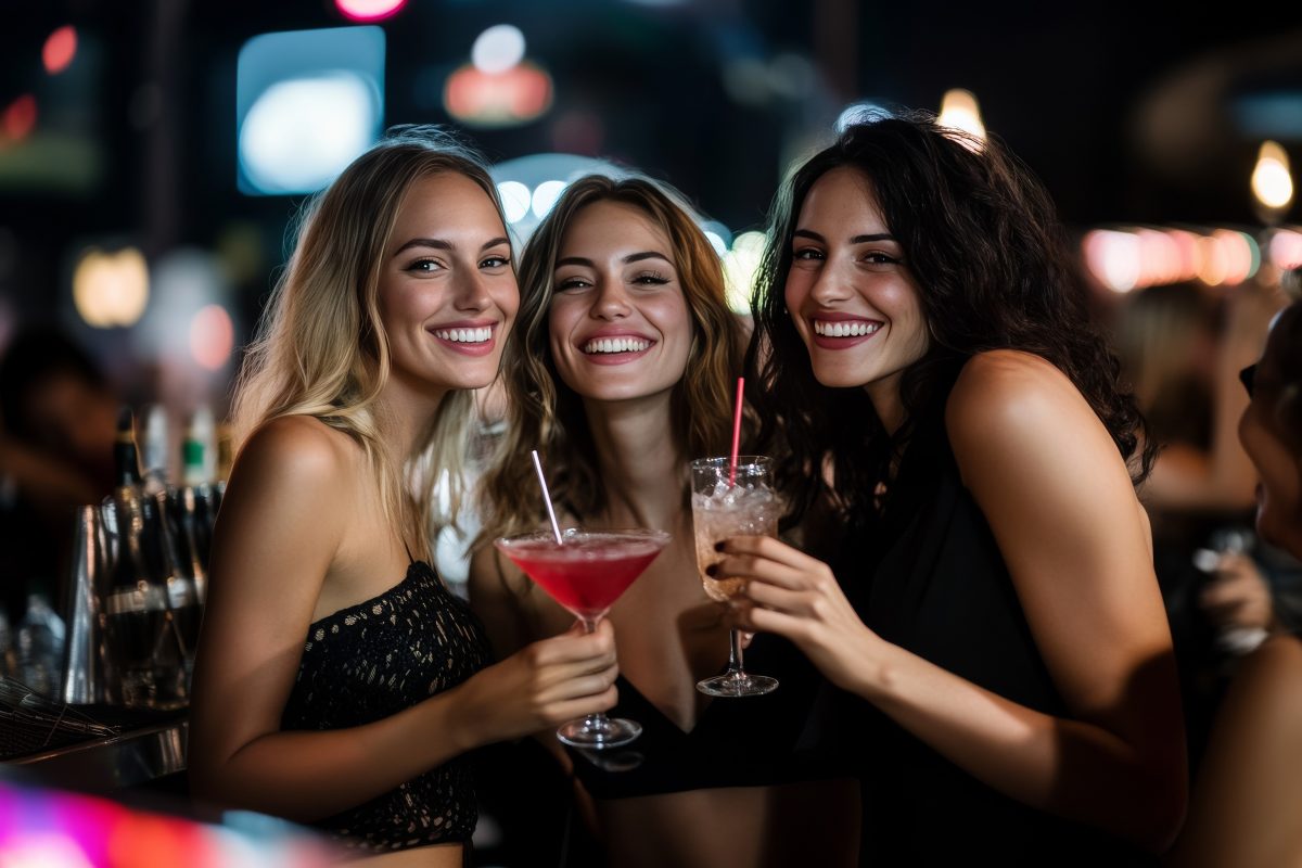 women holding drinks and stanidng at a bar