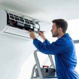 hvac tech fixing wall ac
