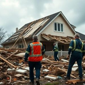 A group of men in safety vests standing outside a storm damaged home