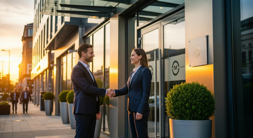 professionals shake hands on sidewalk