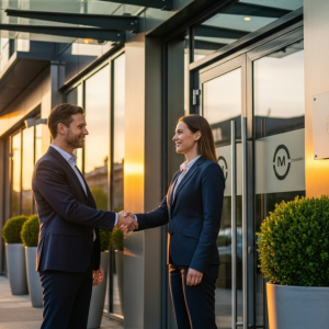professionals shake hands on sidewalk