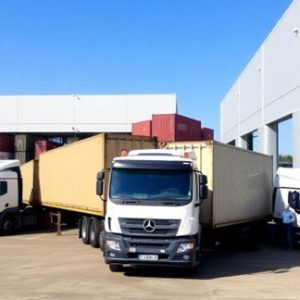 a group of trucks parked in front of a building