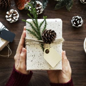 close up of someone holding a christmas present