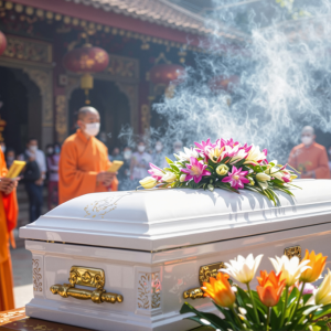 men in orange robes standing near a casket