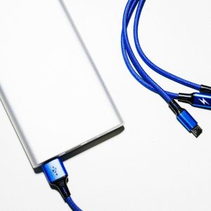 blue charging cords connected to a white box