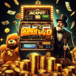 a slot machine with a teddy bear, man and coins