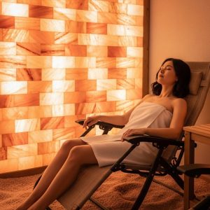 woman sitting in a chair with towel in spa