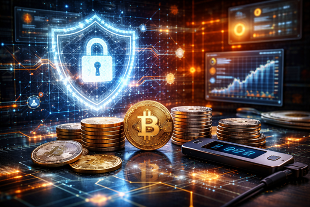 bitcoins sitting on a table with security lock in lights in the background