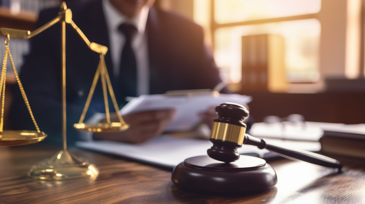 court gavel and balance with lawyer in background