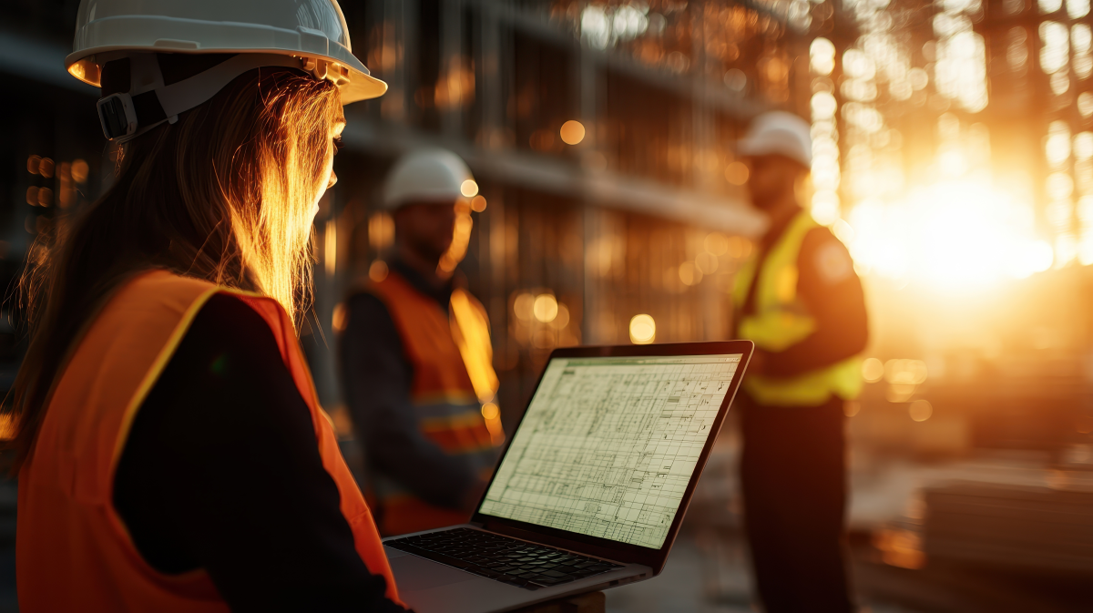 female construction worker reading plans