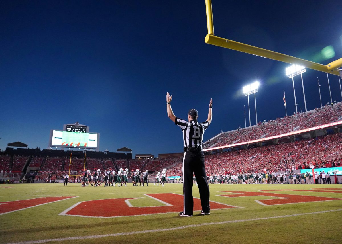 referee standing in the end zone with hands raised signaling a touchdown