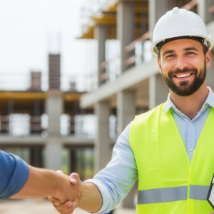 male construction worker shaking hands with employee