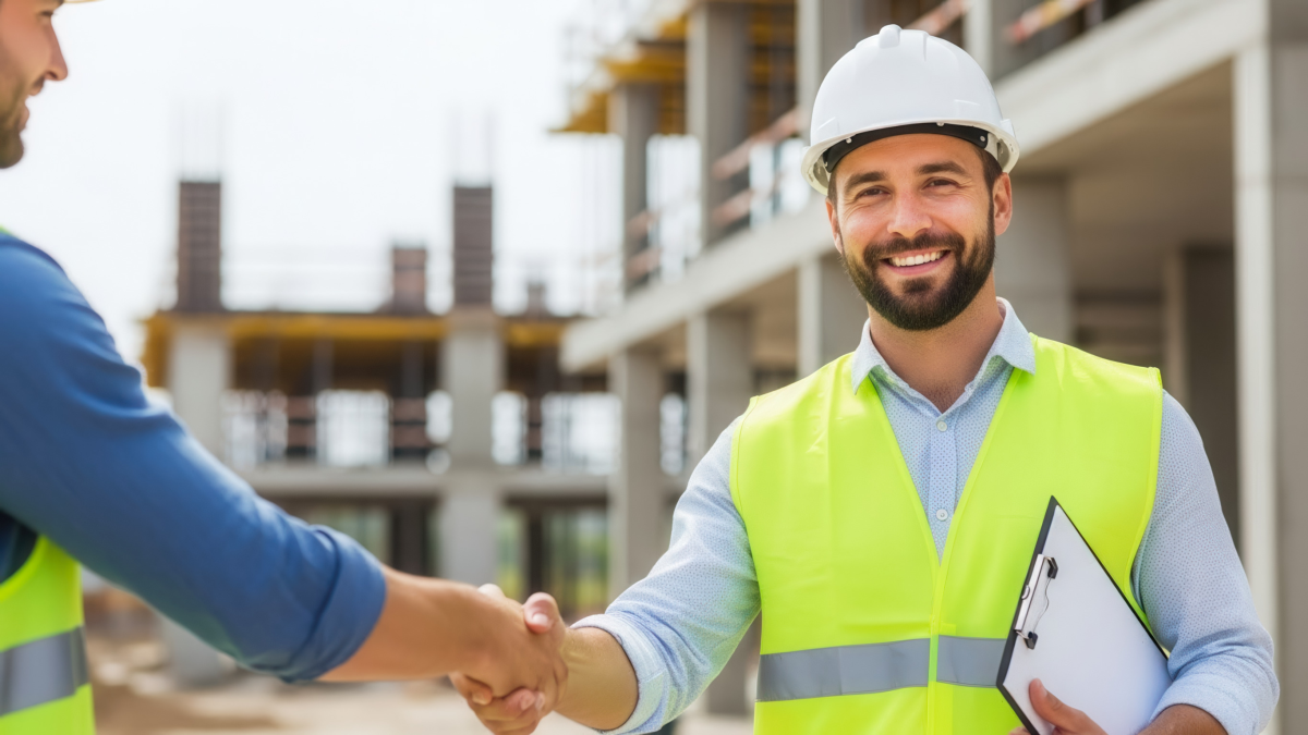 male construction worker shaking hands with employee
