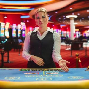 casino employee showing table