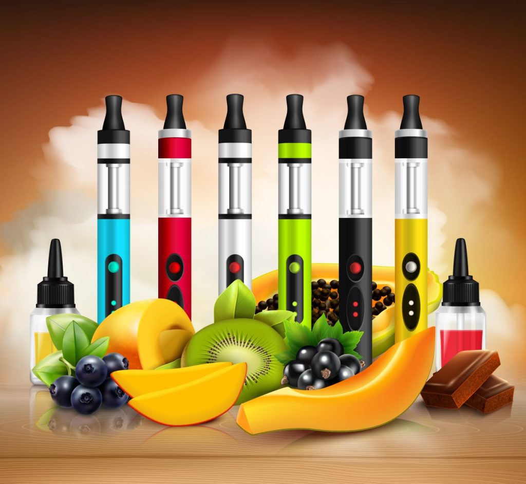 Realistic vaping illustration with a line of vape pens and fruit