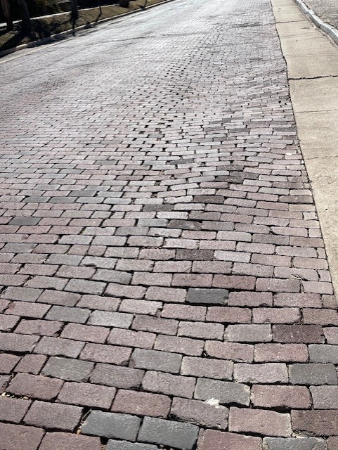 Uneven bricks are seen along a section of Monroe Street.