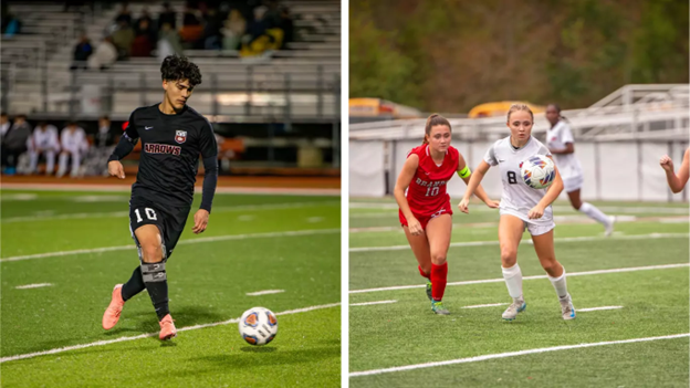 boys and girls arrow soccer teams kick the ball