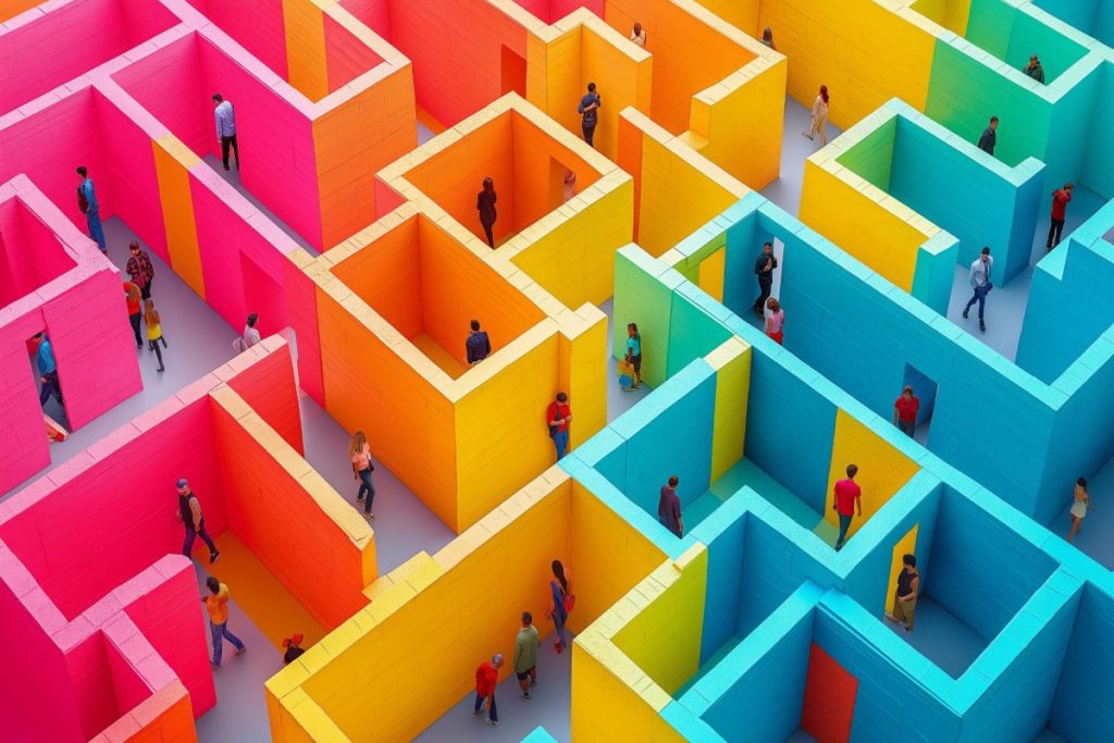 colorful maze with people at every turn