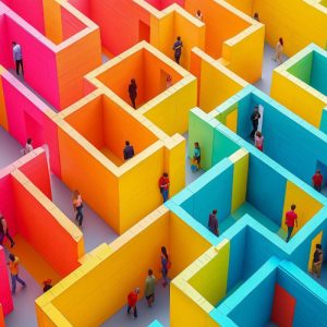 colorful maze with people at every turn