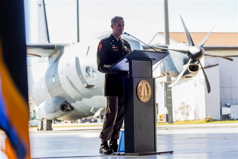 Lt. Gen. Lawrence "Gil" Ferguson, U.S. Army Special Operations Command (USASOC) commanding general, speaks to attendees during the USASOC Assumption of Command ceremony inside the USASOC hangar at Fort Bragg, North Carolina.