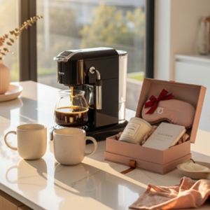 gifts on kitchen counter with coffee