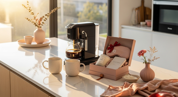 gifts on kitchen counter with coffee