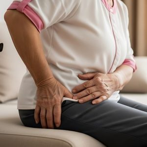 elderly woman sitting on couch holding hip in pain with cane sitting beside the couch