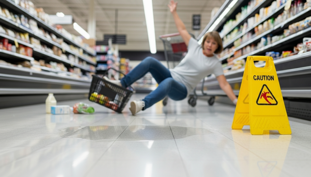 woman slips and falls in a grocery store