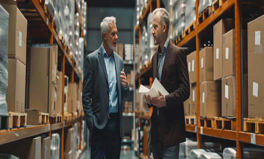 two men talk at warehouse storage room with lots of boxes