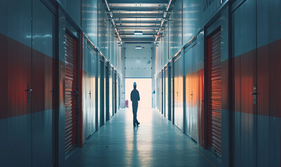 silhoutte of a person standing in storage facility hallway